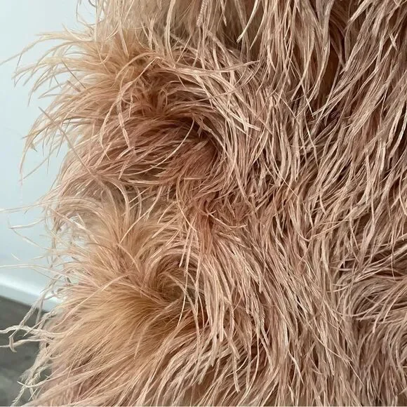 NWT The Bar Tan Andre 100% Ostrich Feather One Shoulder Mini Dress 2